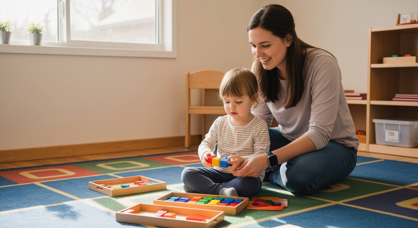 Child sorts colors with teacher on floor mat.