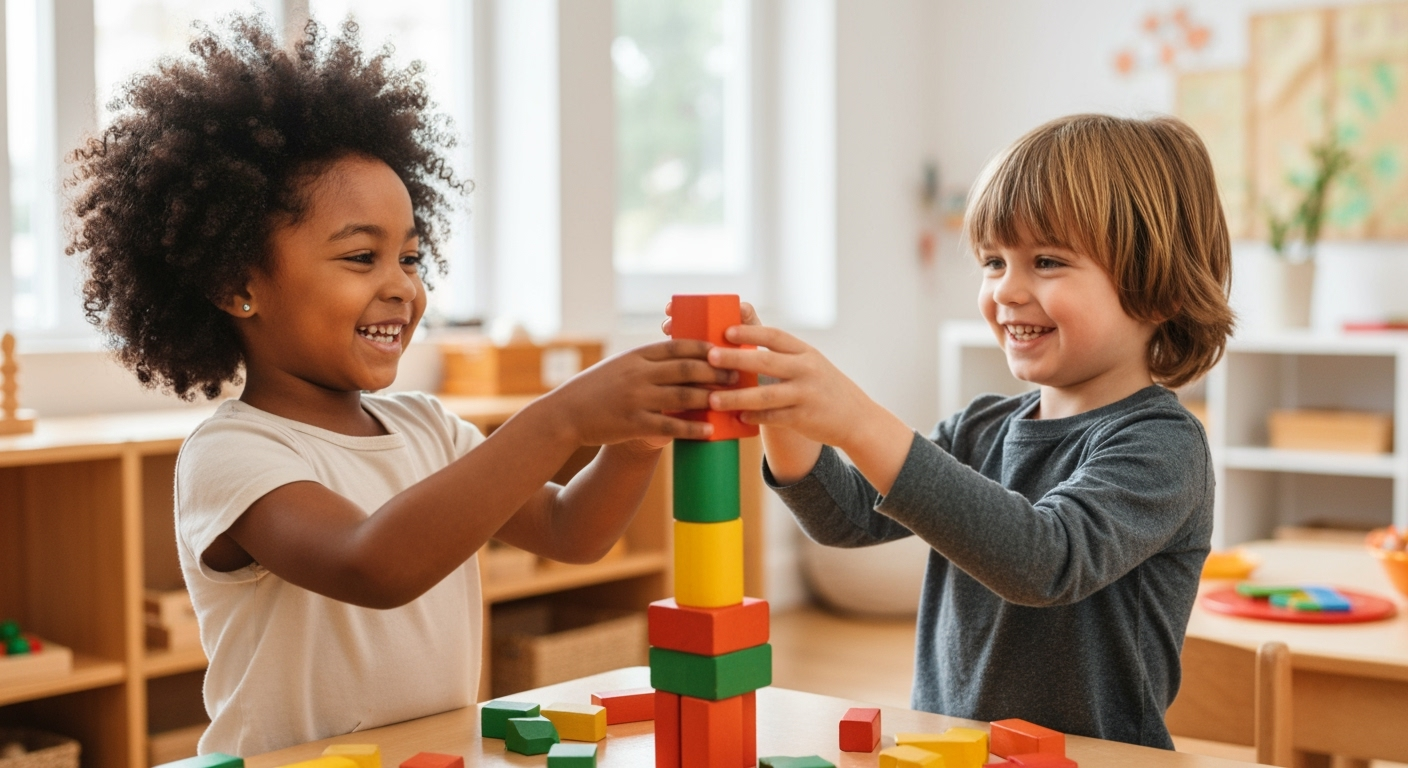 Kids smile, building blocks together