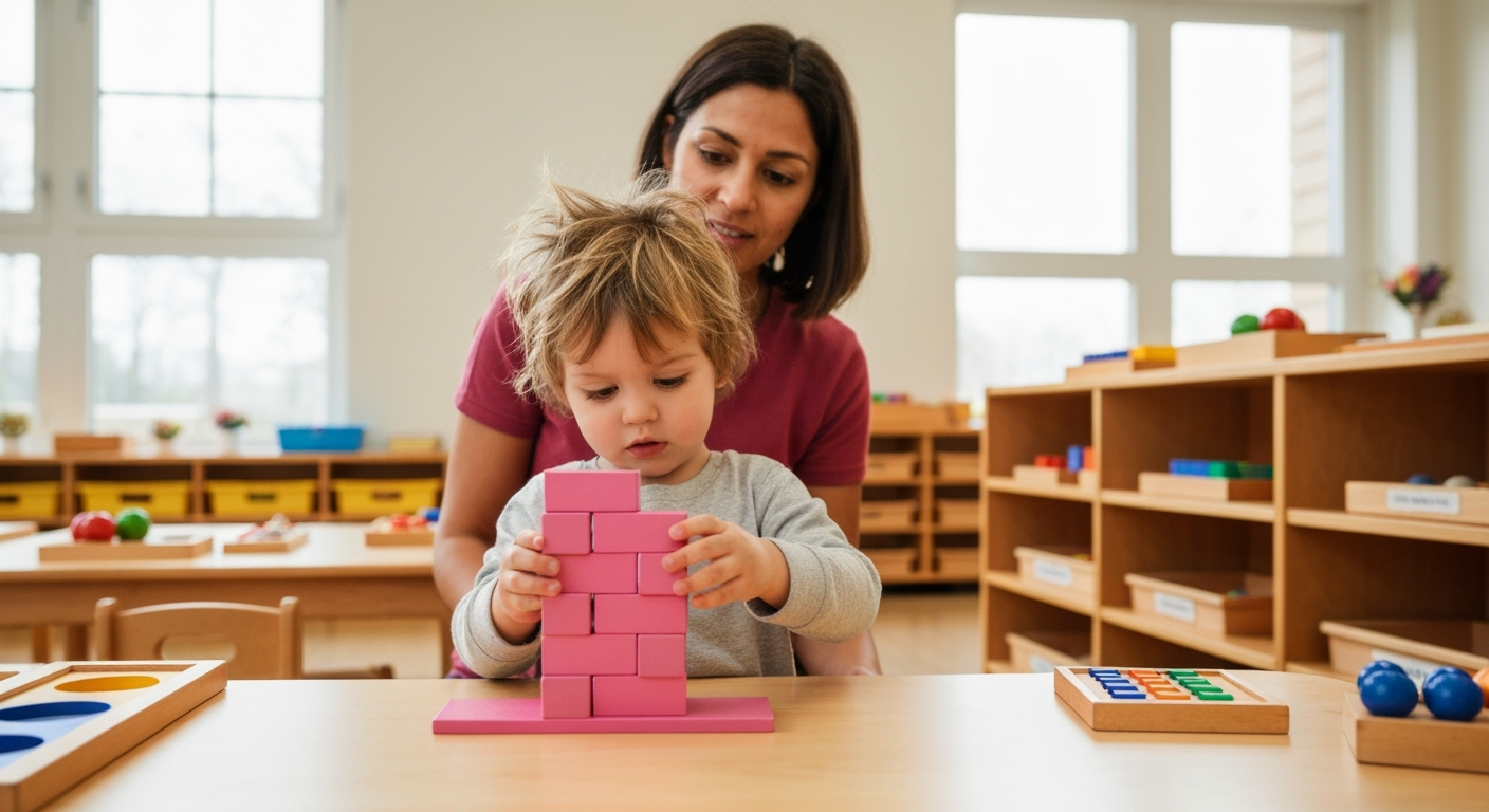 Child with pink Montessori tower; educator watches.
