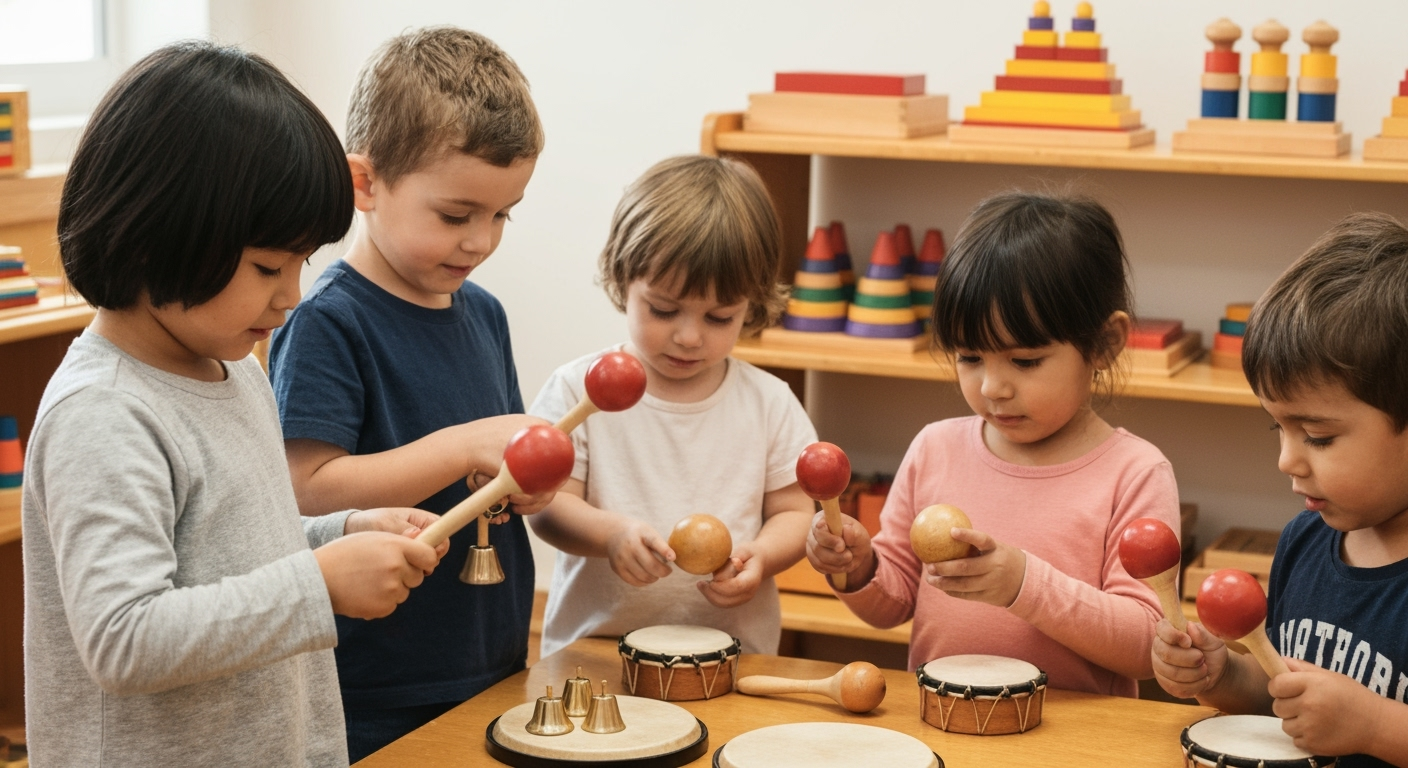 Kids play Montessori musical instruments.