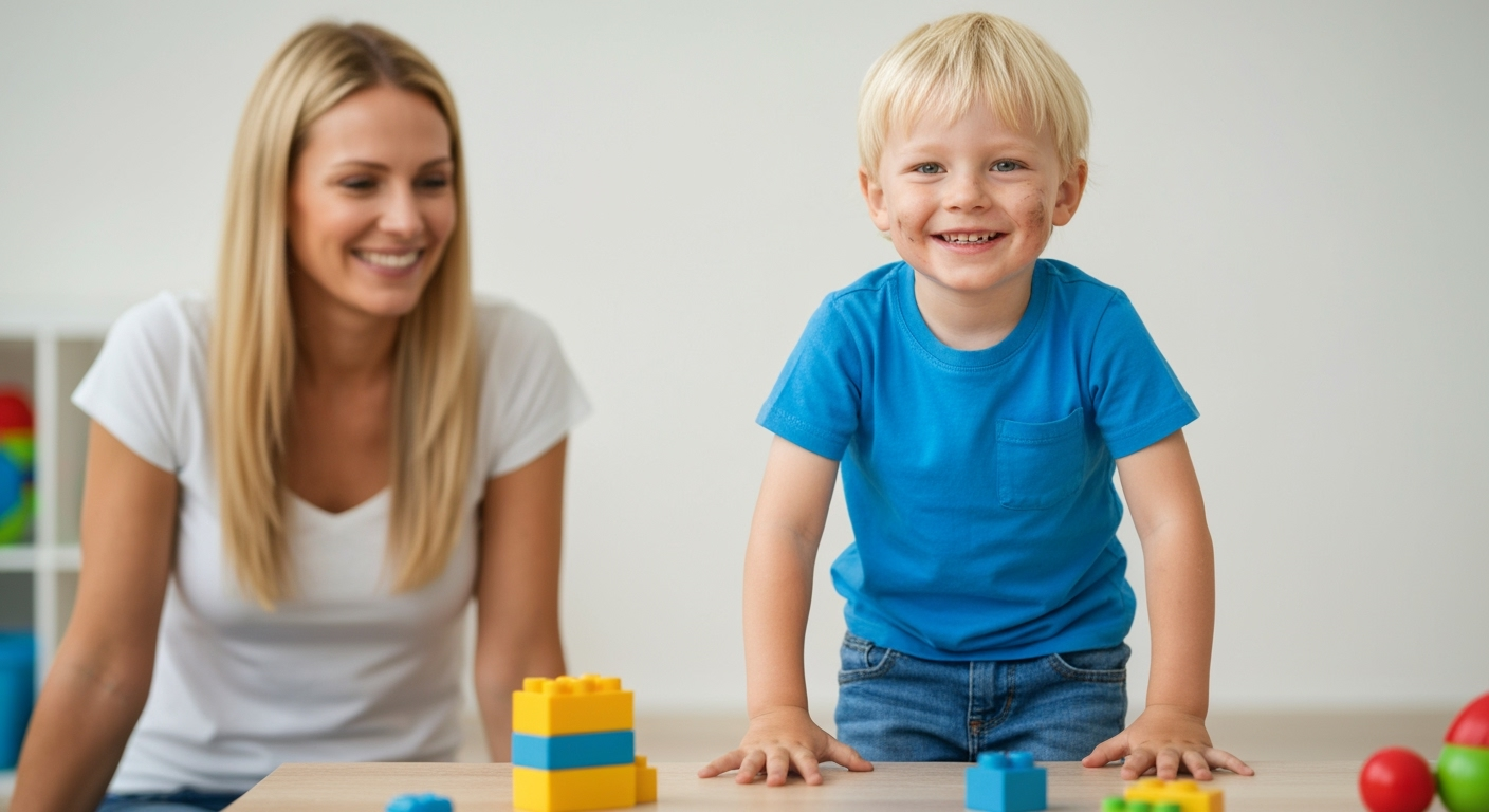 Child proudly completes task, parent watches