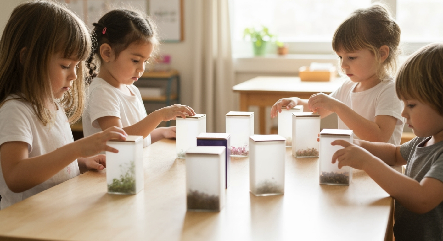 Boîtes d’odeurs Montessori sur table.