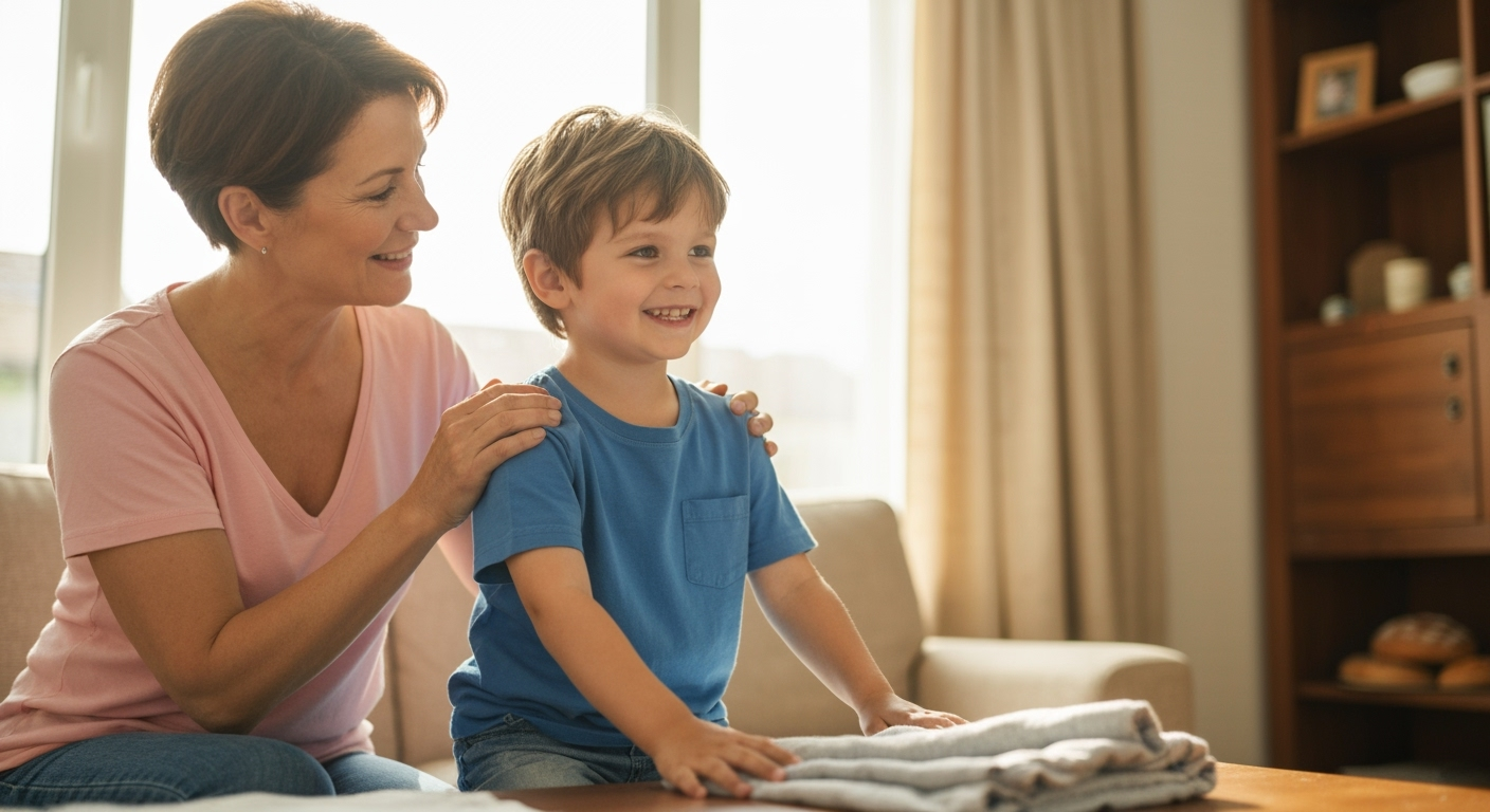 Child folds clothes with adult, smiling
