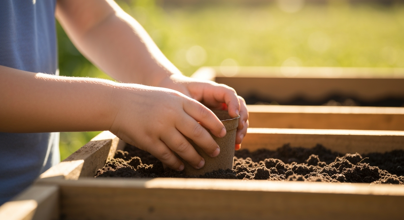 Enfant plante une graine.
