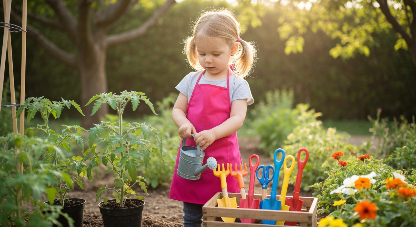 Enfant arrosant des tomates