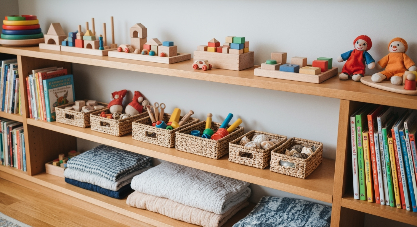 Montessori shelf with toys and books
