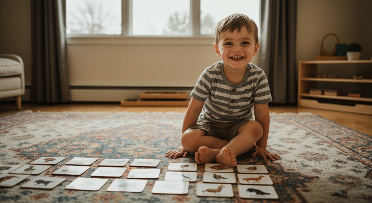 Child sorts animal cards on a colorful rug.