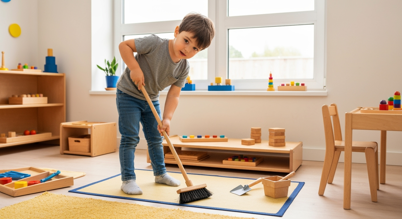 Enfant nettoie avec balayette.